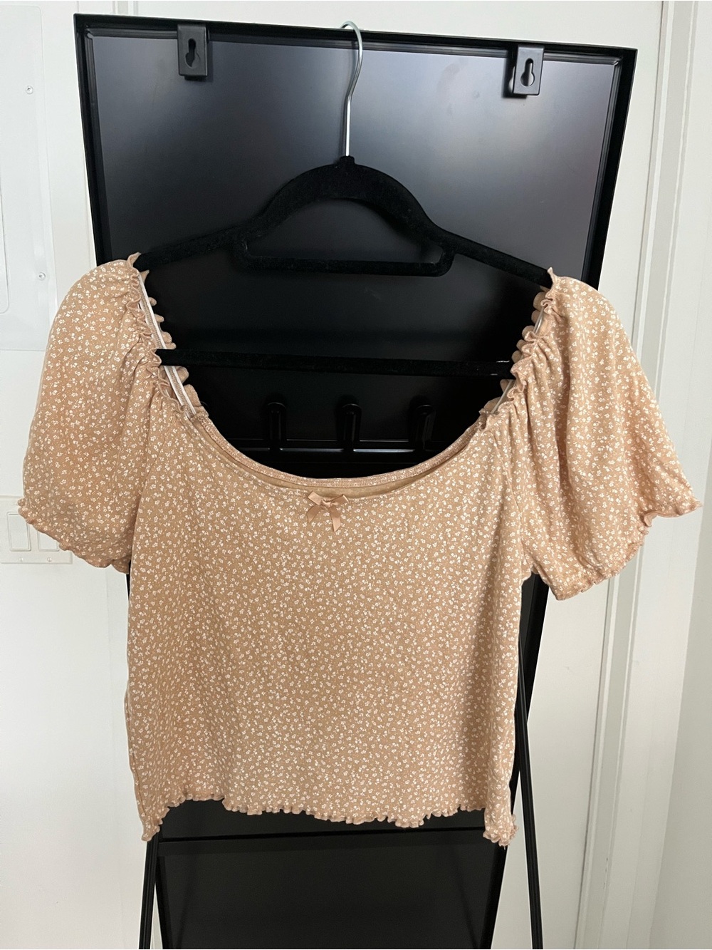American Eagle Outfitters Tan Floral Puff Sleeve Crop Top